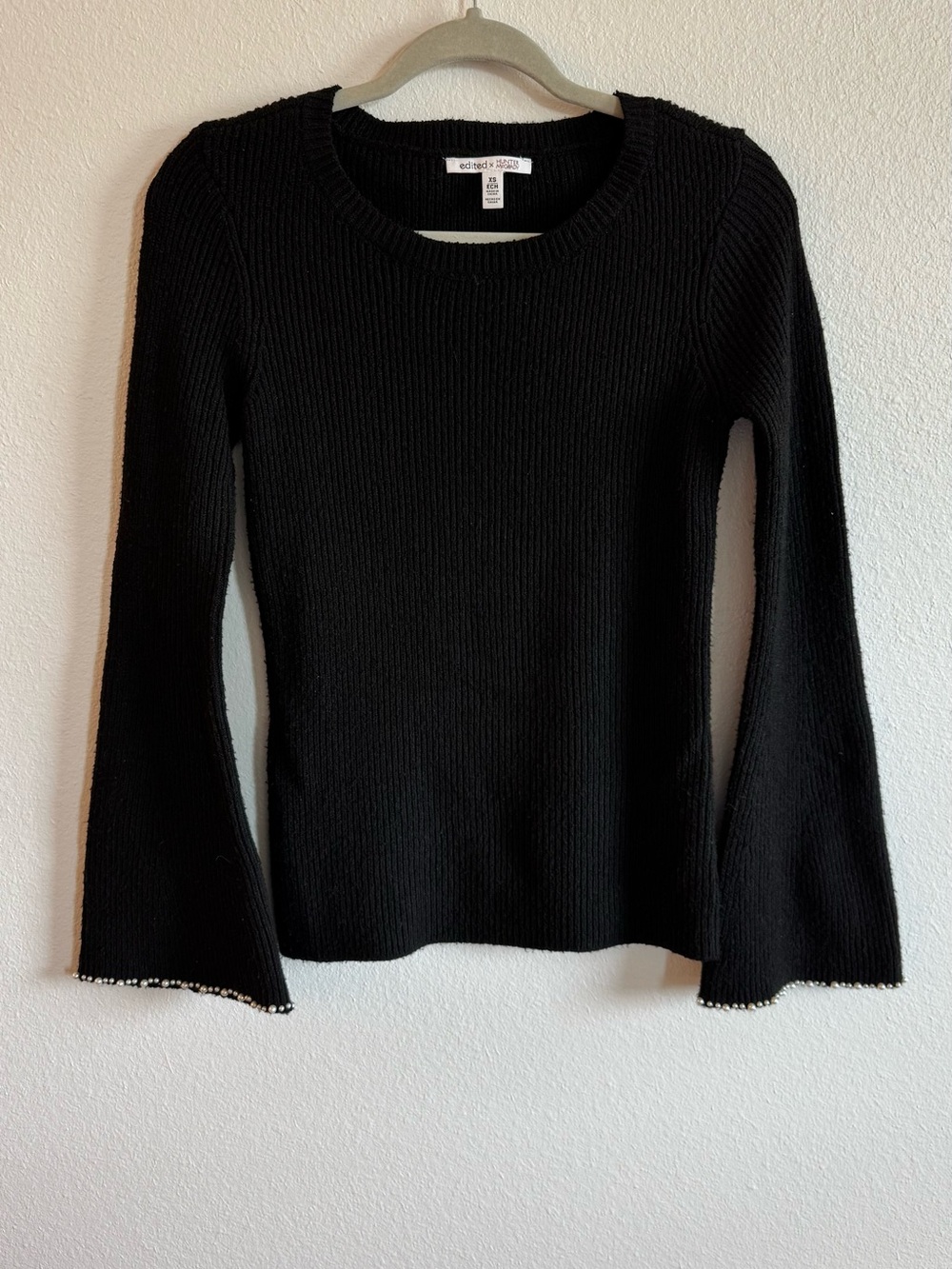 Black Ribbed Bell Sleeve Sweater with Pearl Trim
